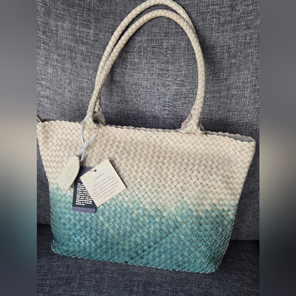 Made In India Woven Intrecciato Genuine Leather Ombre tote Bag